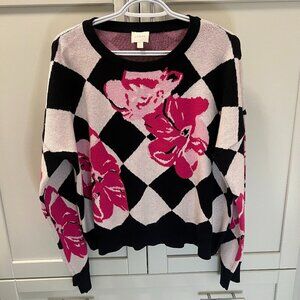CYRUS Floral Knit Sweater Women's Size Large Pink Black White Pattern